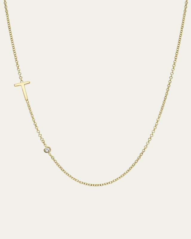 14k Gold Asymmetrical Initial and Bezel Diamond Necklace